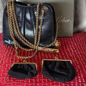 Judith Lieber Stunning Black Reptile Gold Chain Handles Bag With Accessories